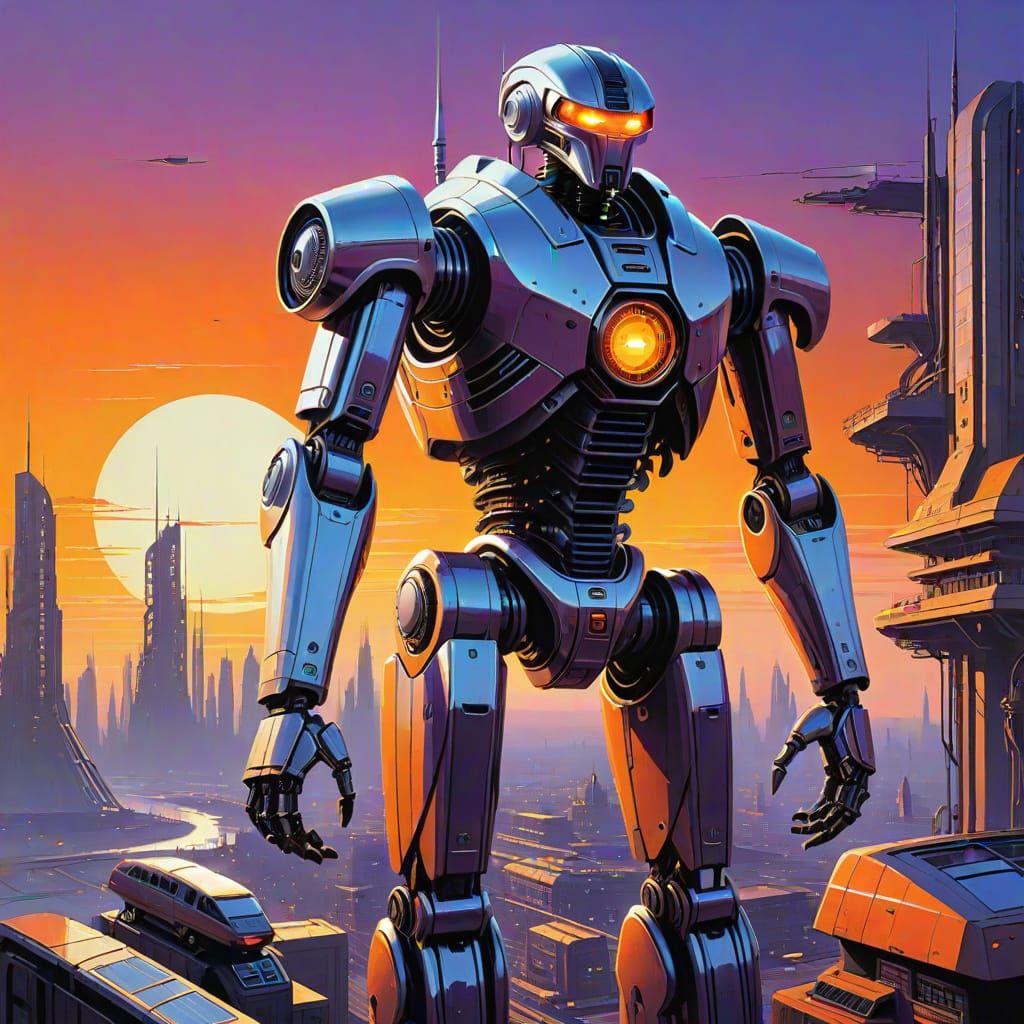 Majestic Industrial Robot Hero of a Futuristic Cityscape