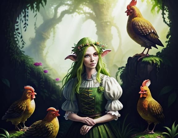 Goblin Gardener Surrounded by Hens: Watercolor Fantasy