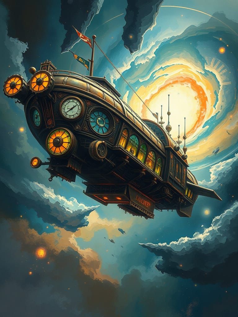 Steampunk Airship Soaring Through Nebula with Clockwork Gear...