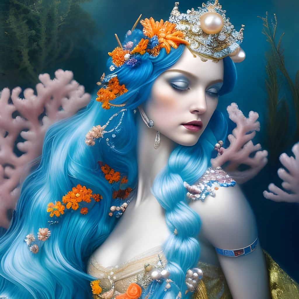 Blue-Haired Woman with Seashell Crown: Fantasy Portrait
