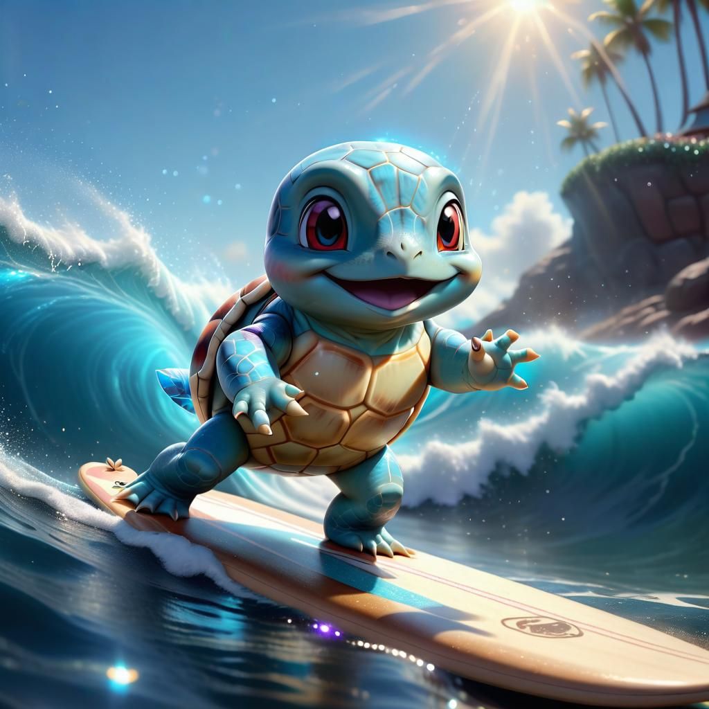 Pixar Style Squirtle Surfing a Sparkling Wave
