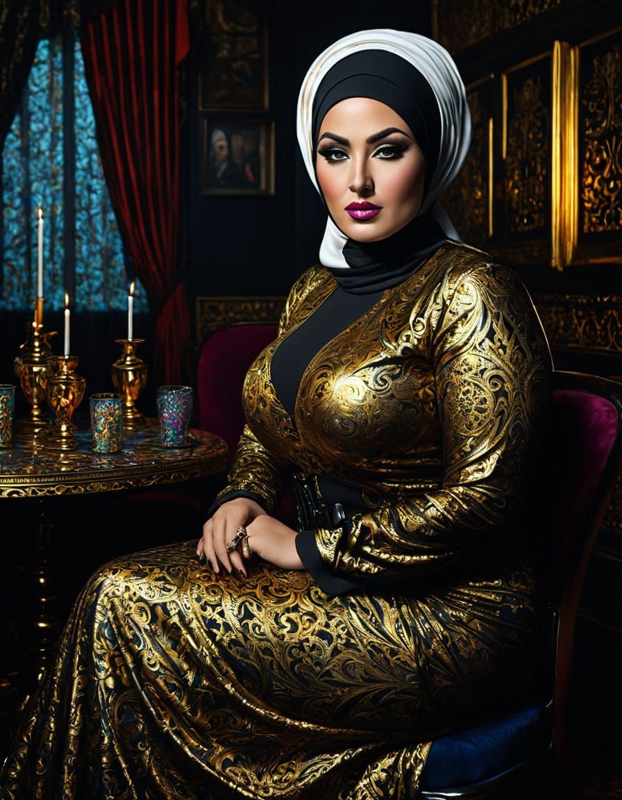 The Hijabi Gothic Goddess in Golden Black Elegance