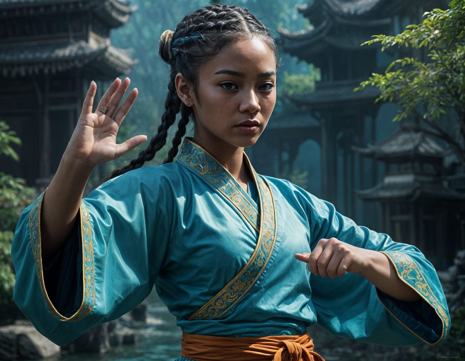 African-Chinese Shaolin Warrior in Vibrant Blue and Turquois...