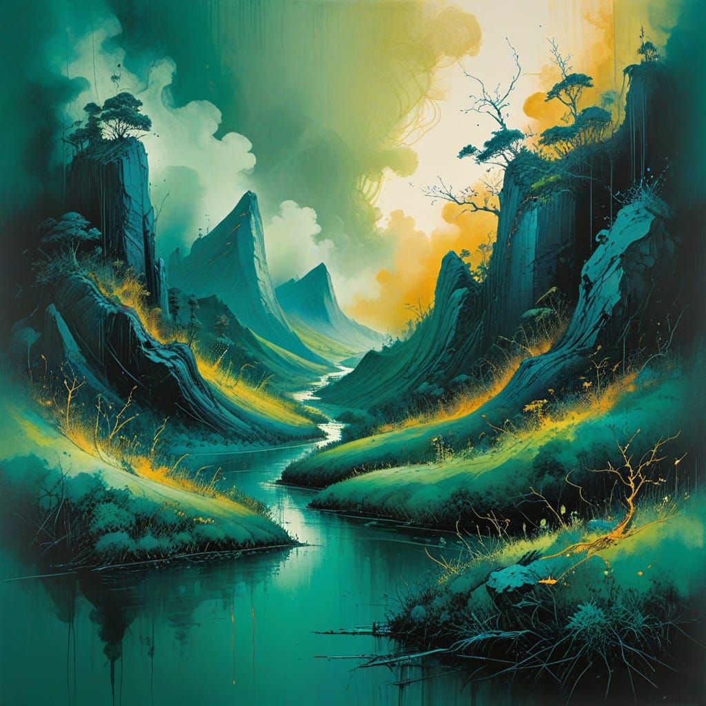 Intricate Vintage Etch-A-Sketch Landscape with Deep Blues an...