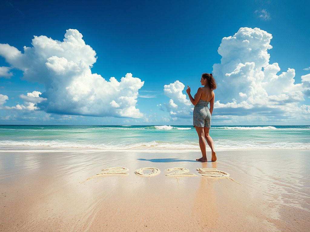 Woman Writes 2025 in Sand: Matte Painting Style