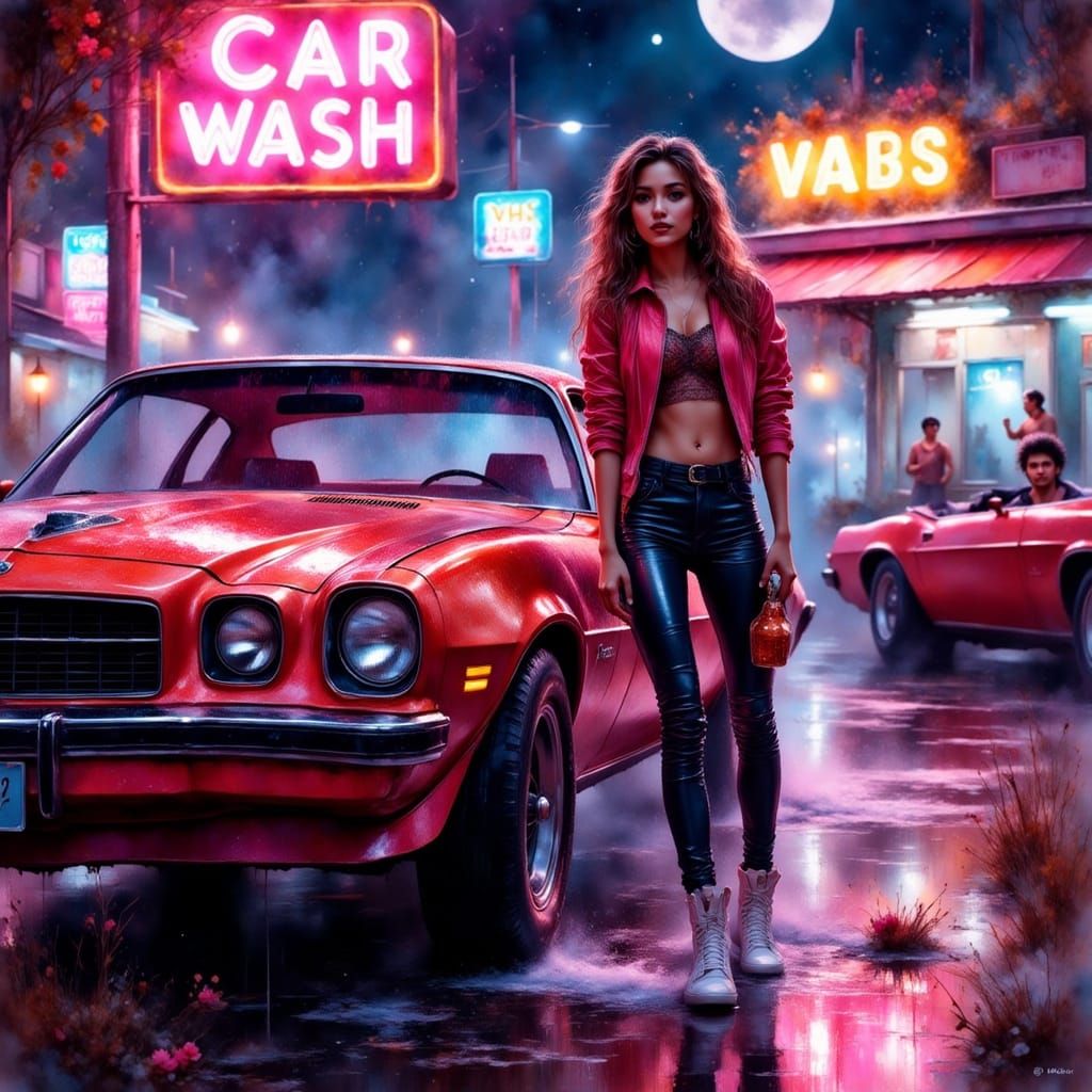 Synthwave Car Wash: Neon Night Scene in the 80s