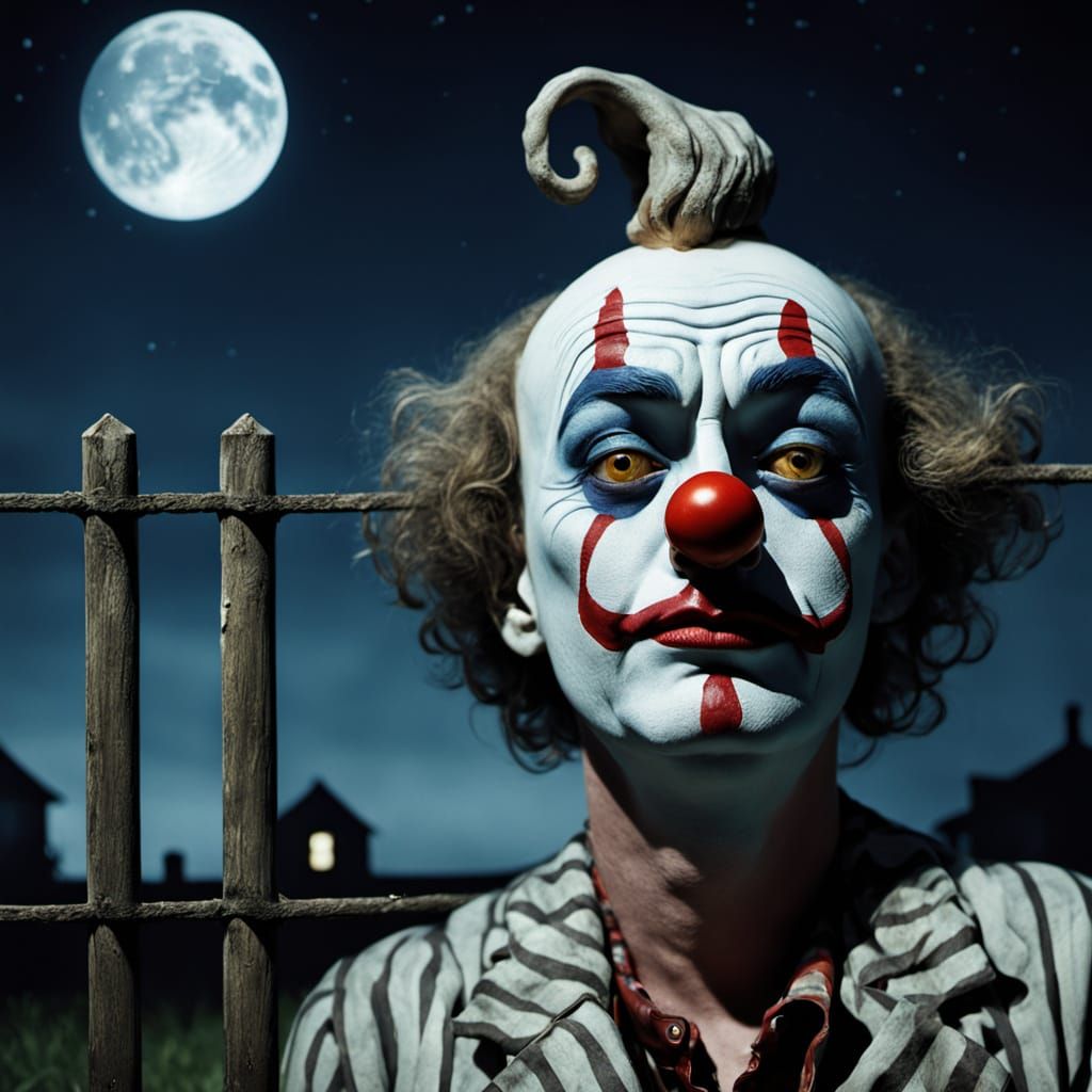 Surreal Clown in Moonlit Backyard, Salvador Dali Style