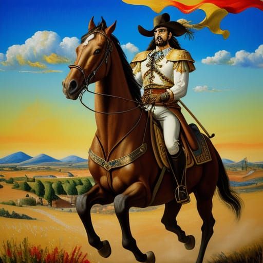 Don Quixote Attacks Wind Turbine: Surreal Impasto Painting