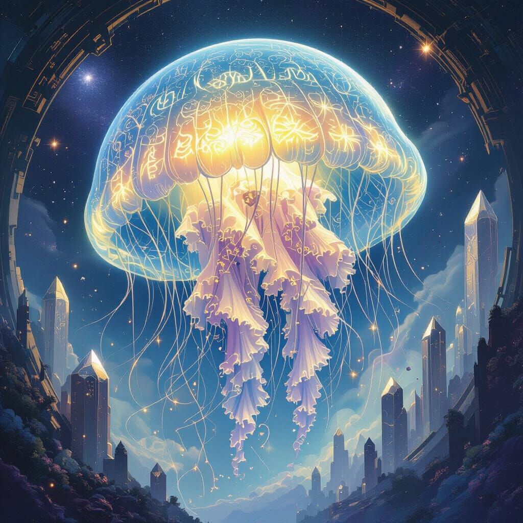 Bioluminescent Jellyfish Drifting Through Alien Atmosphere