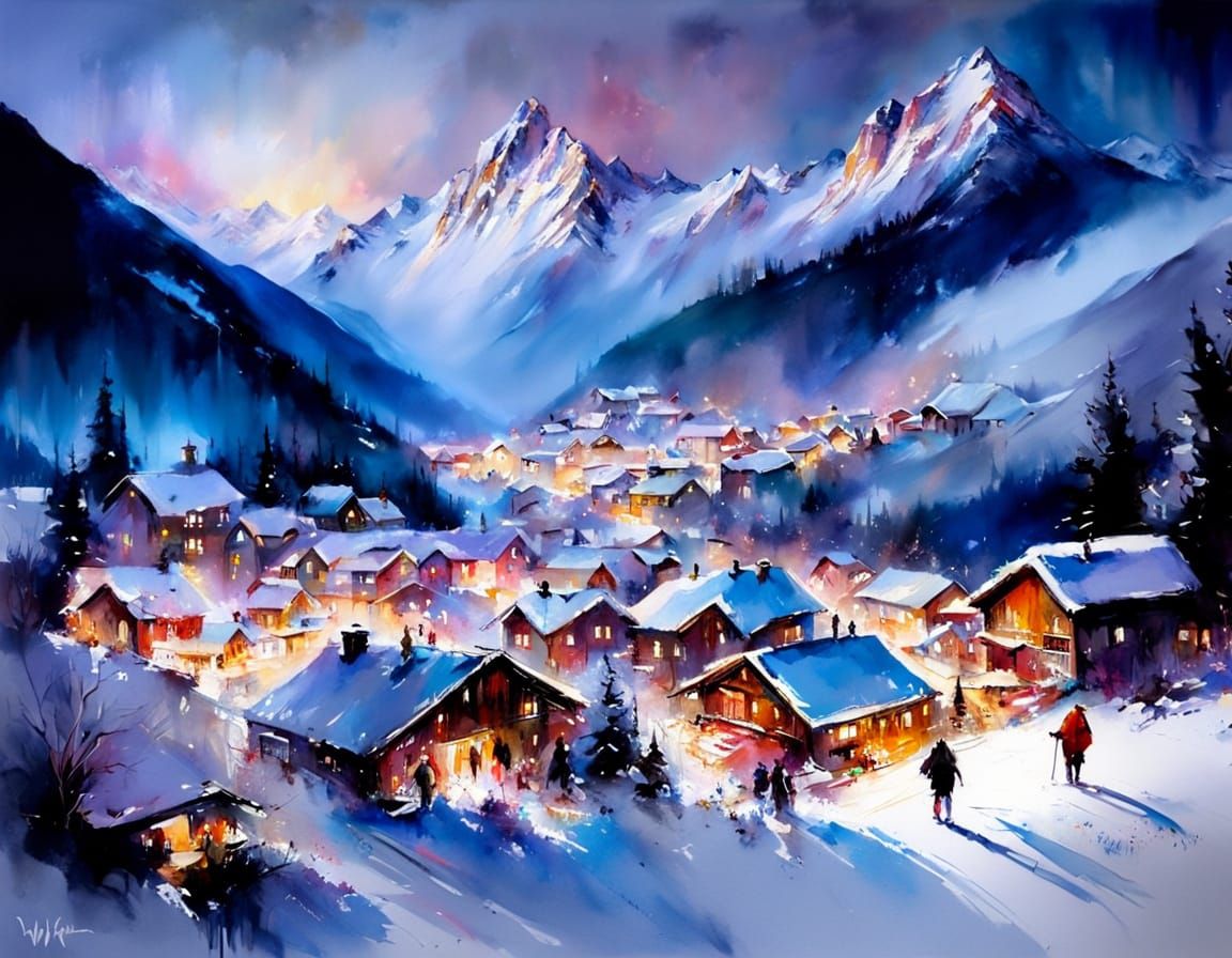 Alpine Village at Night in Mid Winter: Watercolor Art