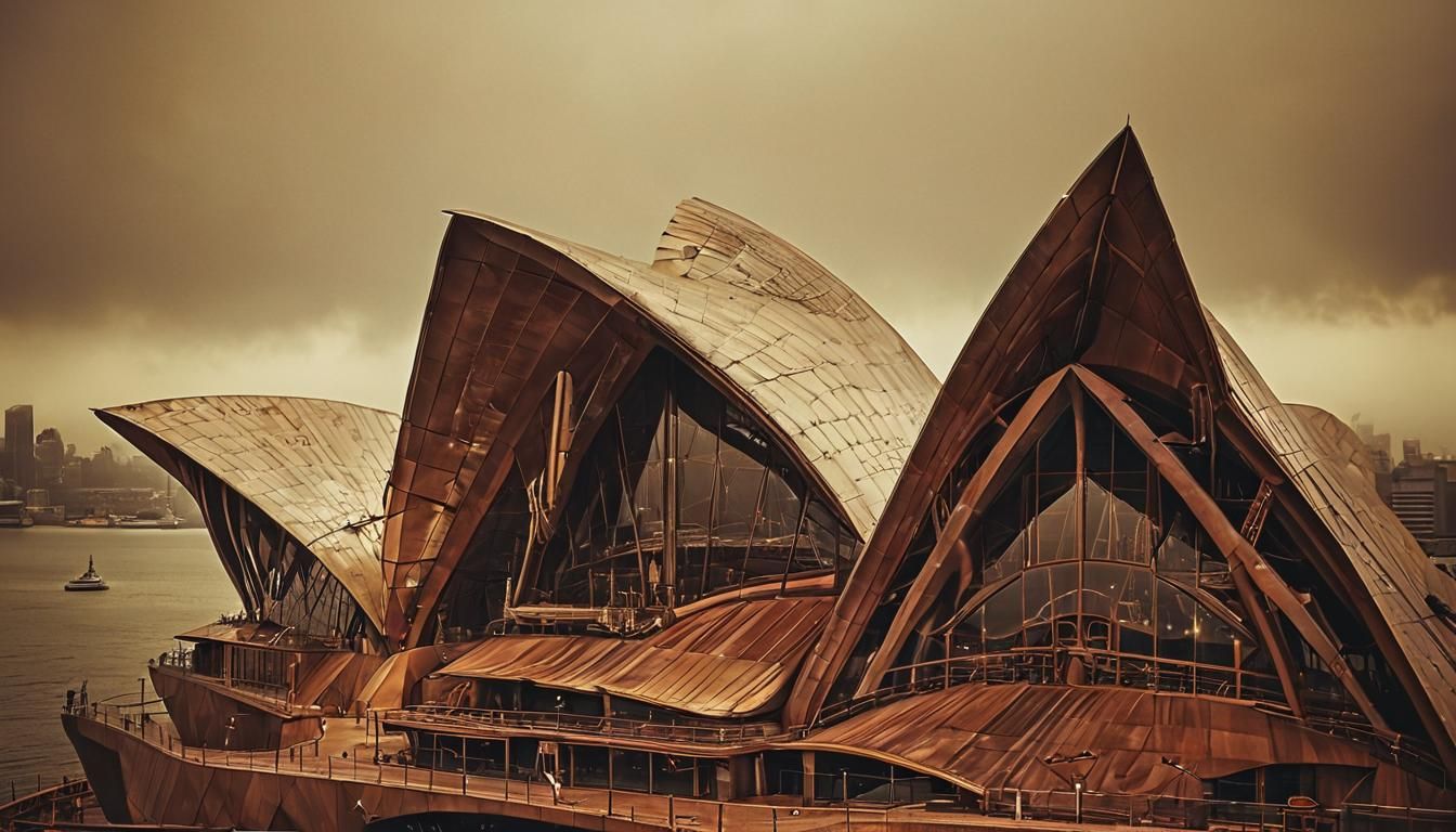 Steampunk Sydney Opera House in a Foggy, Industrial Future