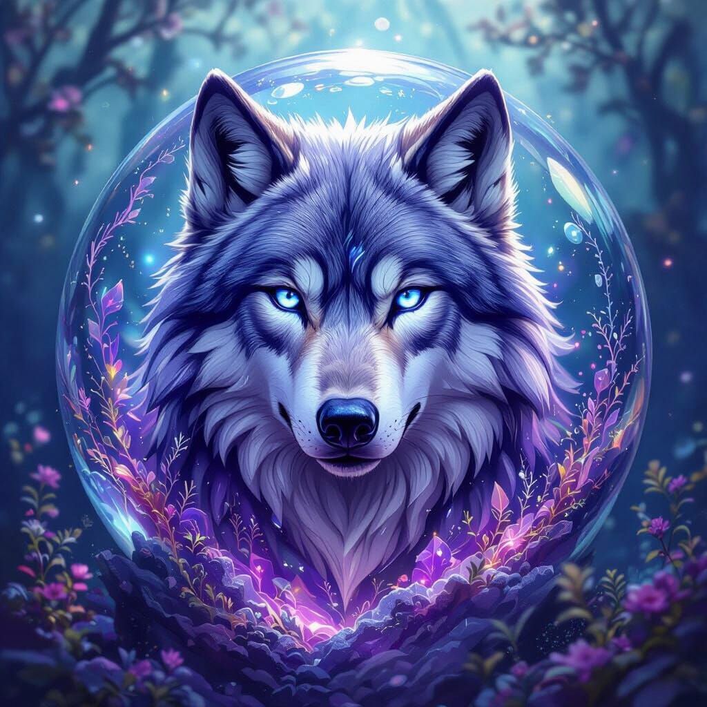 Amethyst Wolf Sculpture in Watercolor Waterglobe Style