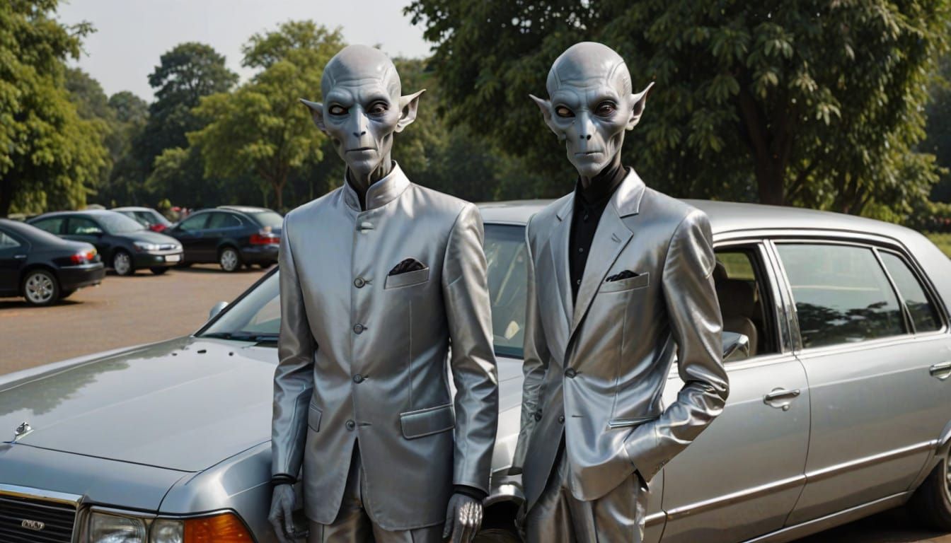 Grey Alien in Silver Nehru Jacket Beside Silver Sedan