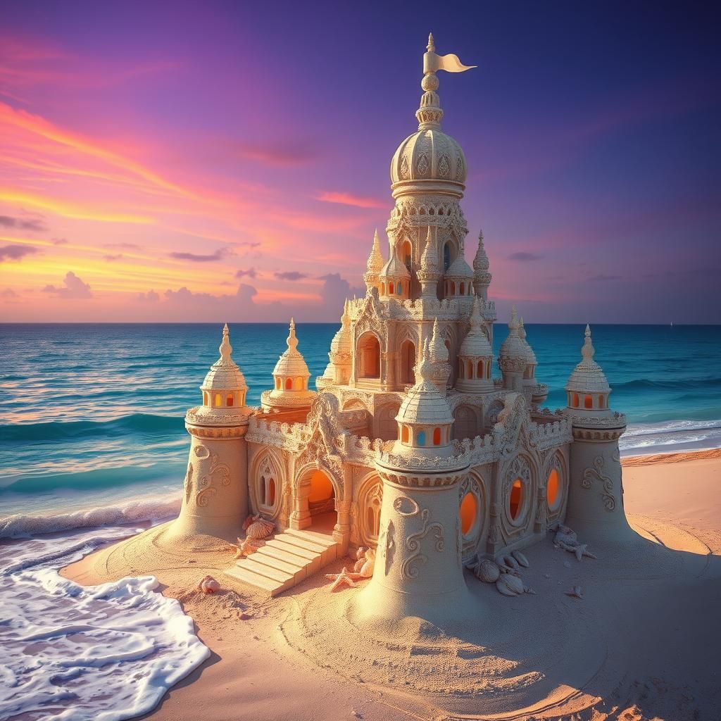 Majestic Sandcastle on Aqua Blue Ocean Shore