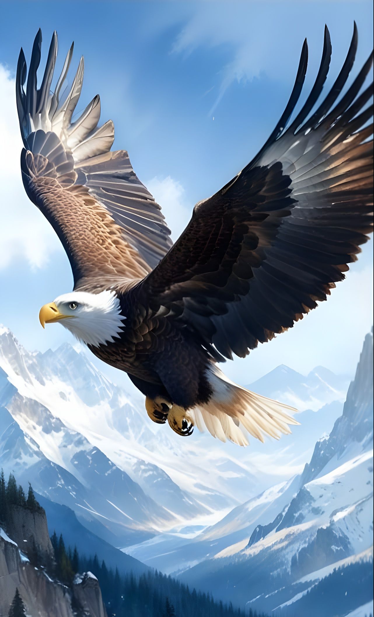 Eagle Soars Above Majestic Snow-Covered Mountains