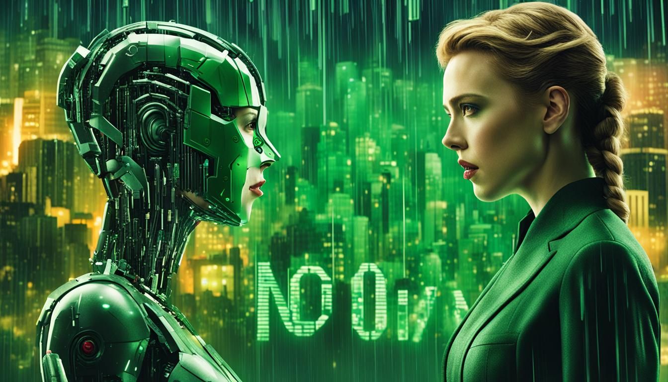 Woman Confronts Robot with Matrix Digital Rain