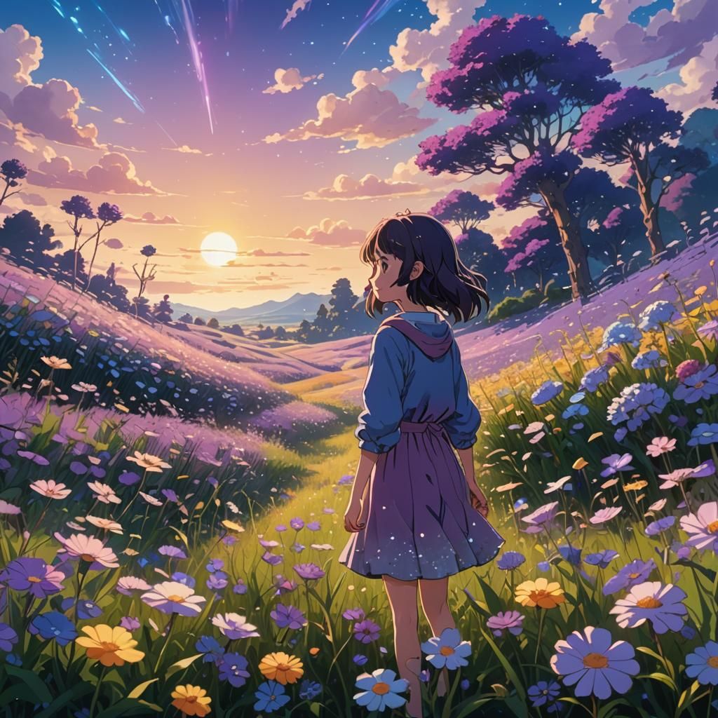 Anime Girl in a Vibrant Flower Field