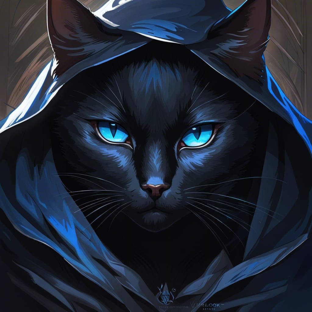 Blue-Eyed Black Cat in Dark Cloak Portrait