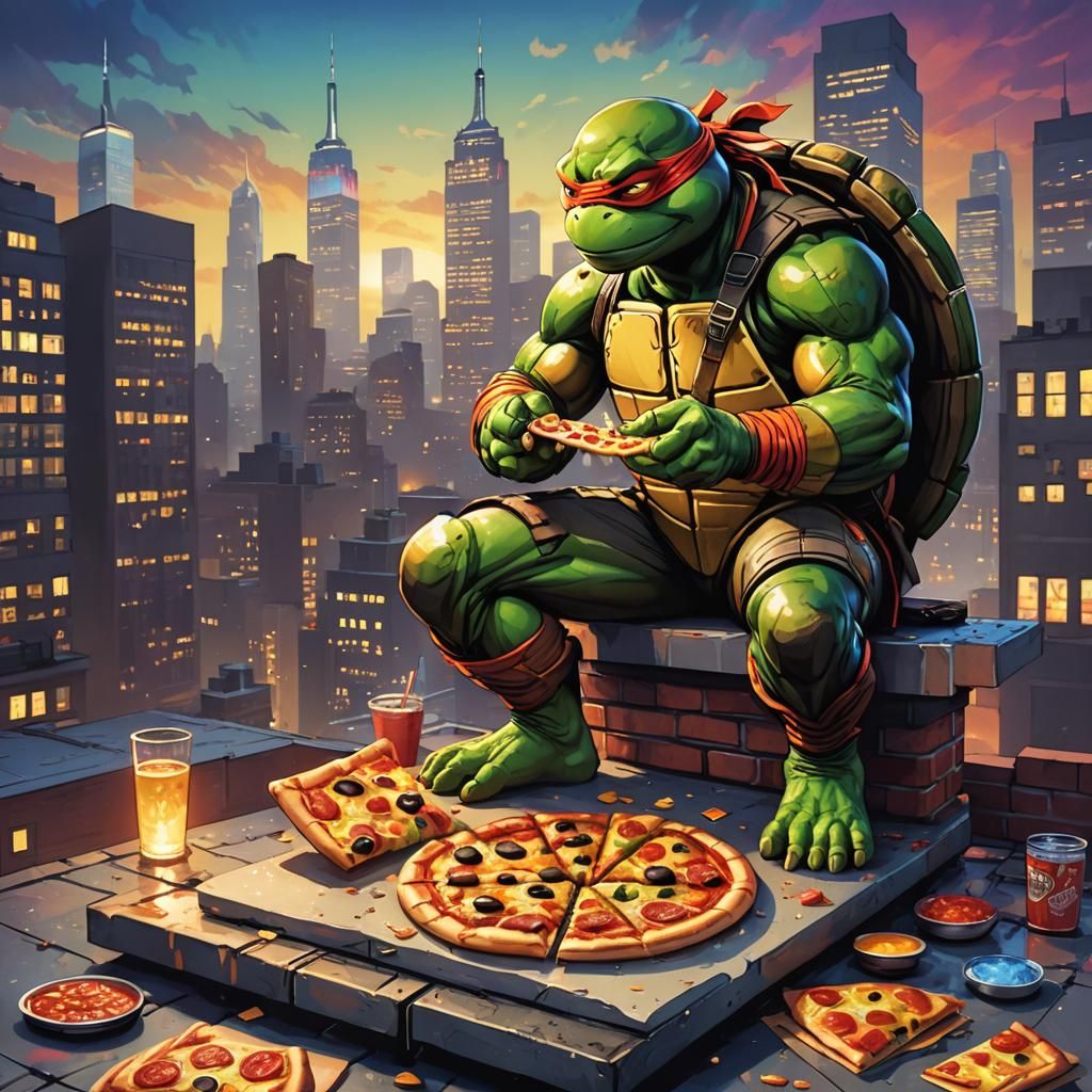 Teenage Mutant Ninja Turtle Rooftop Pizza in Comic Style