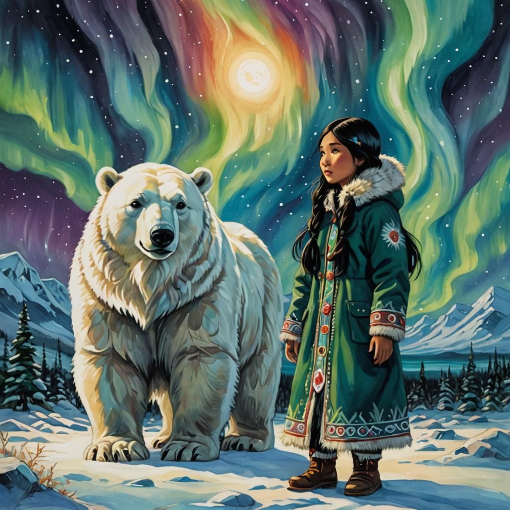 Alaskan Girl with Polar Bear Under Northern Lights