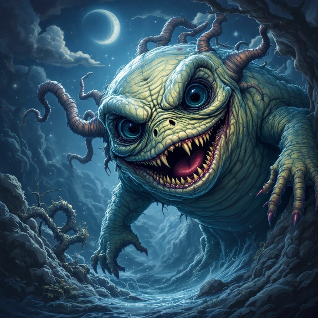 Mysterious Woodland Encounter in Dark Humor Style