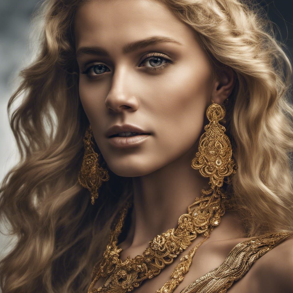 Woman with Golden Jewelry, Hyperrealistic Portrait