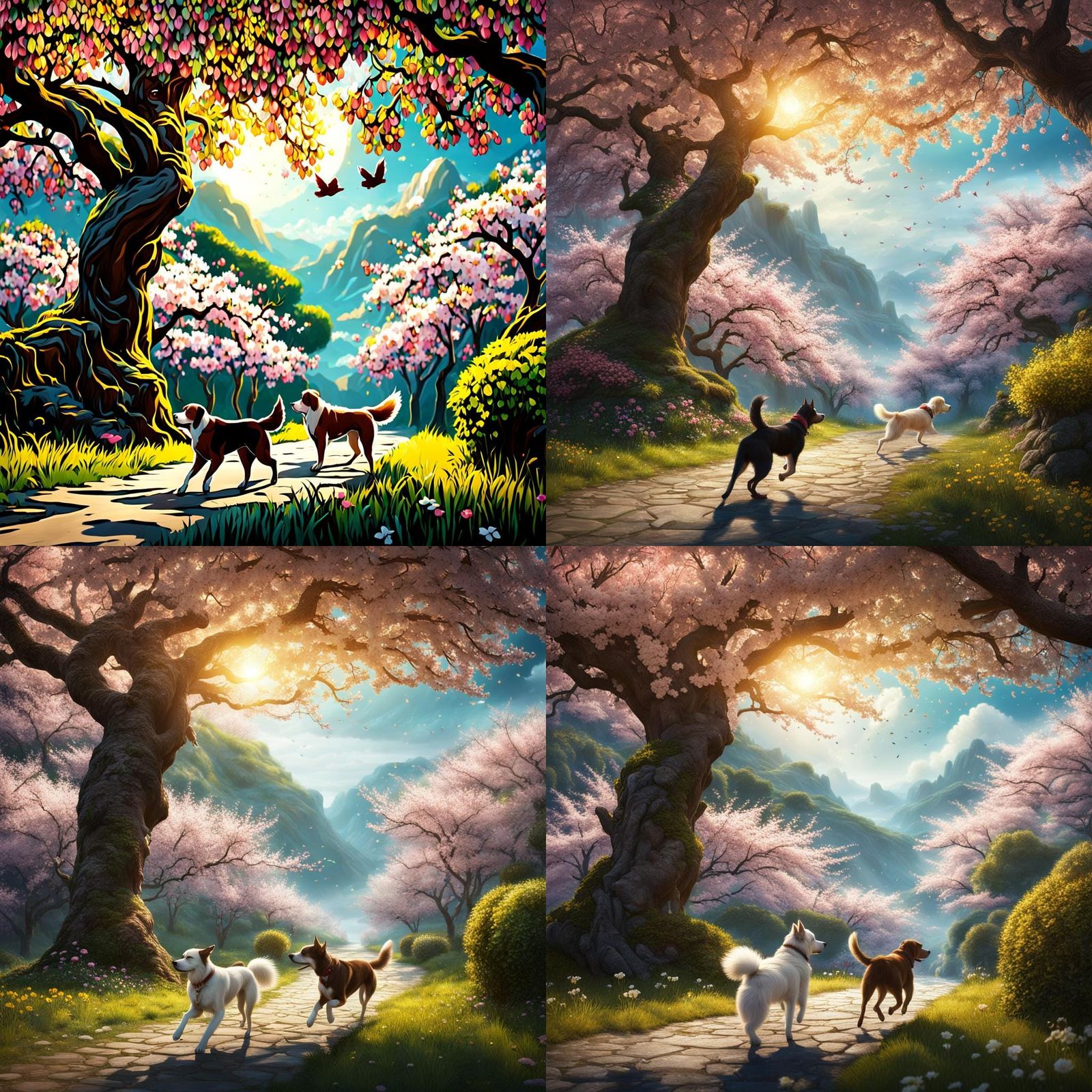 Dogs Running in Heaven Under Cherry Blossoms