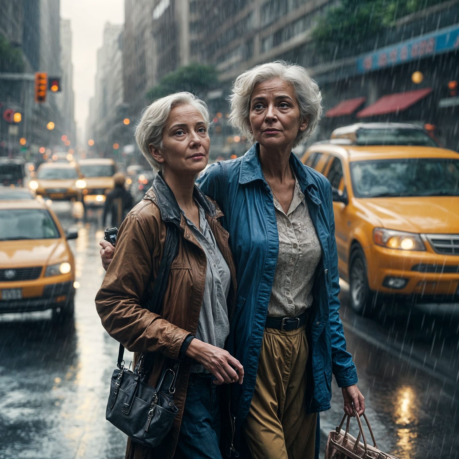 Woman Helping Senior Citizen in Rainy City