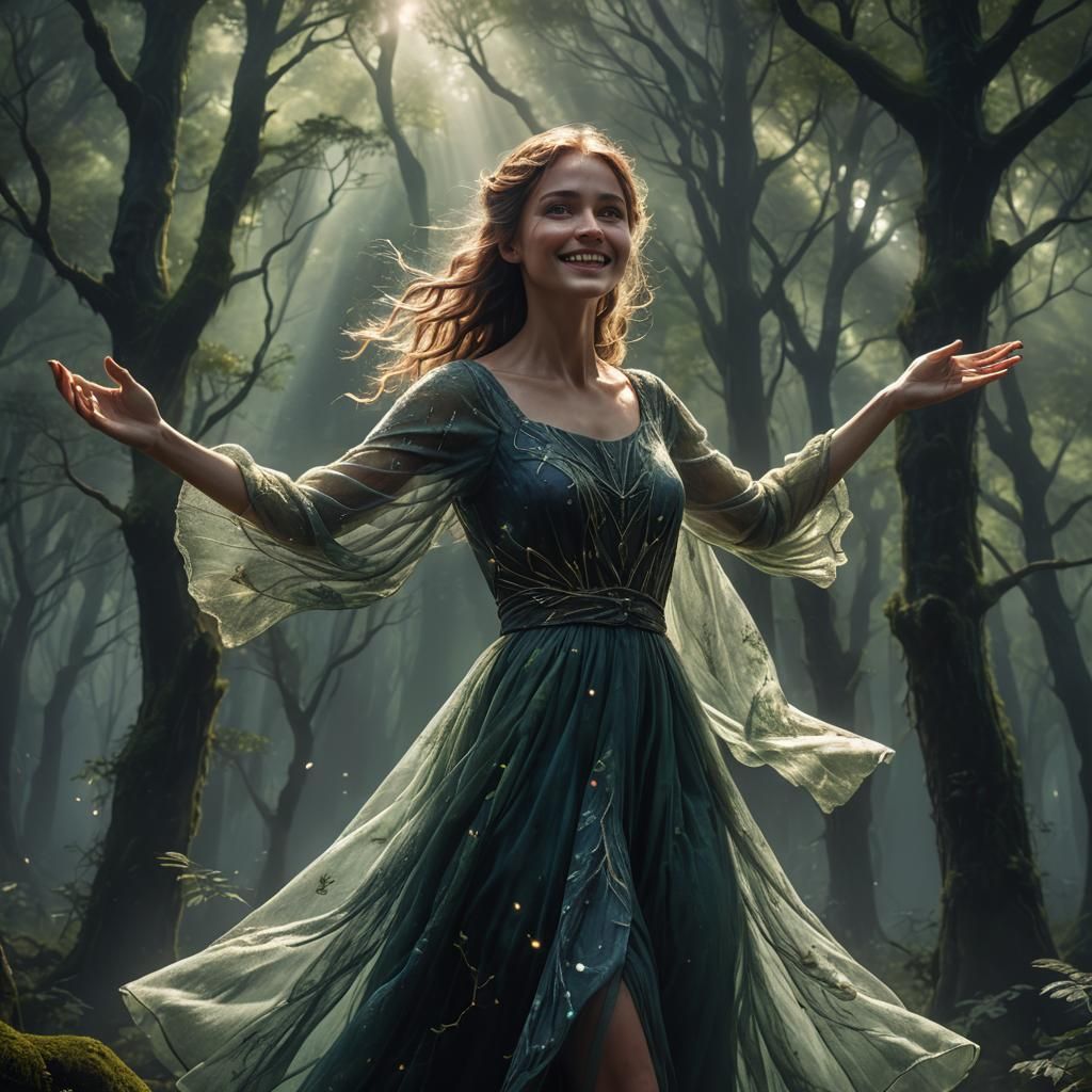 Ethereal Woman Floating Above Dark Forest
