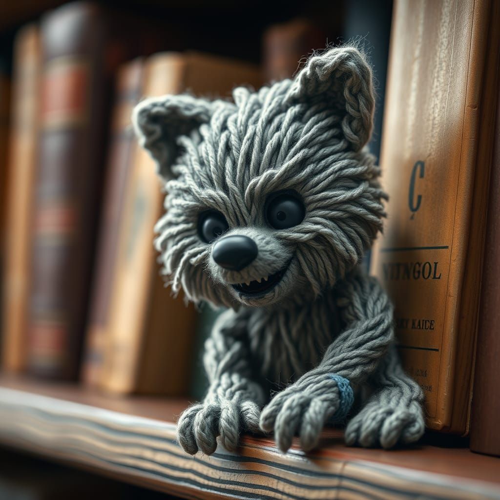 Adorable Yarn Wolfman Figure on Bookshelf in 3D