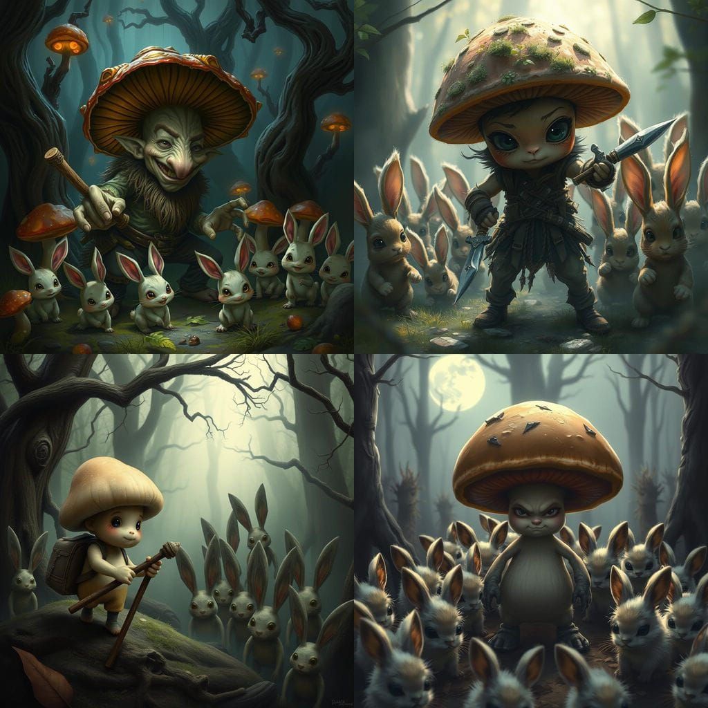 Surreal Mushroom Warrior Battles Fierce Bunny Horde in Dark ...