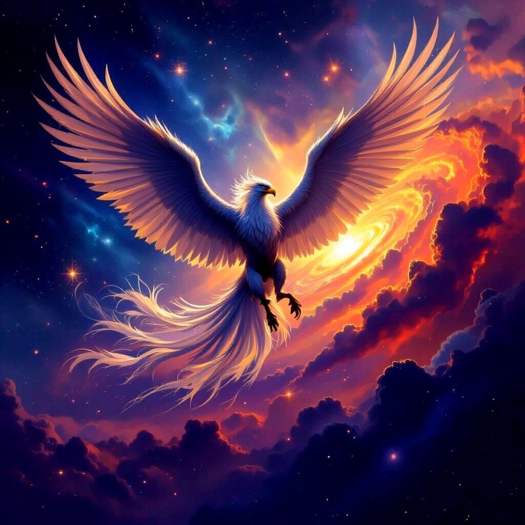 Majestic Griffin Soaring Through Nebula Sky