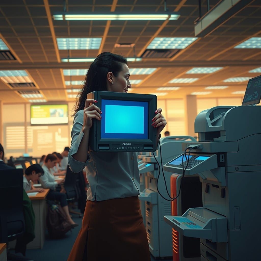 Futuristic Office Scene: Secretary Carries Modern Monitor to...