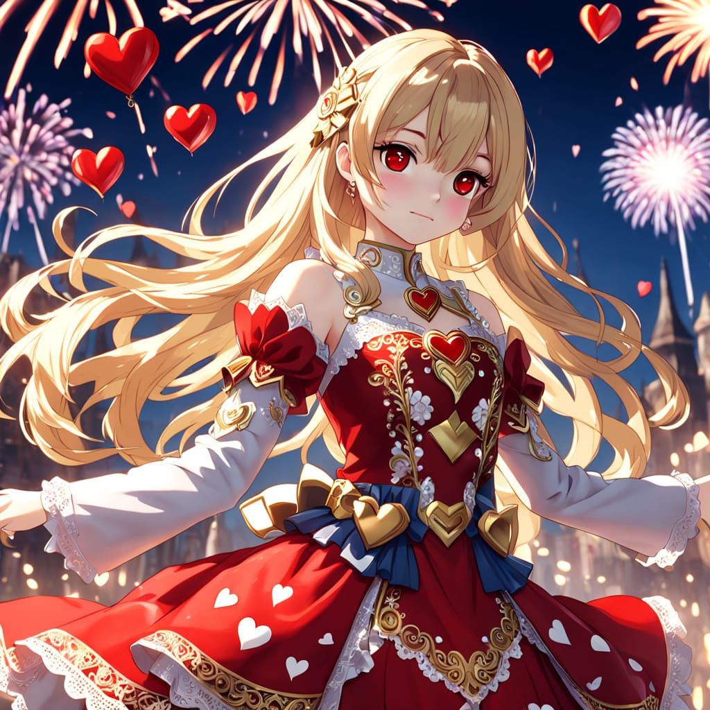 A beautiful anime girl, with long blonde hair and a joyful expression, adorned in a red and gold, ornate, heart-emblazon...