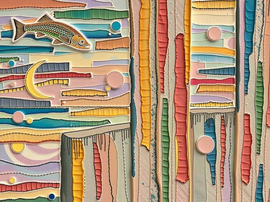 Impasto Sunset Landscape with Jumping Fish