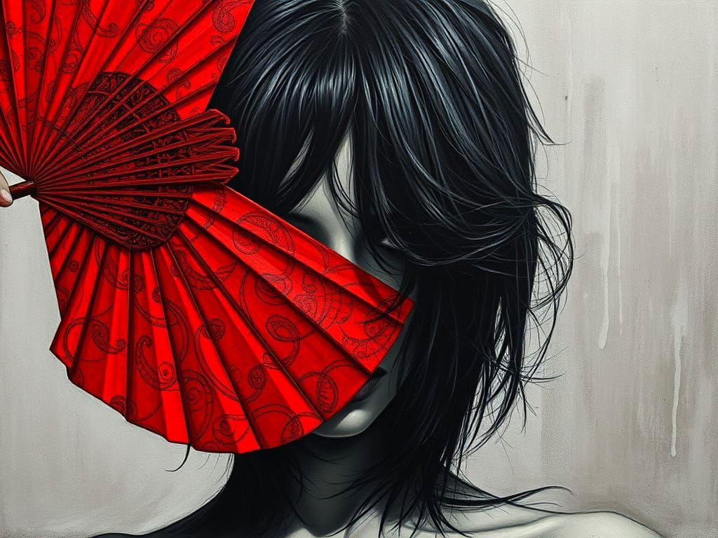 Woman's Face Behind Fan in Surreal Charcoal Drawing