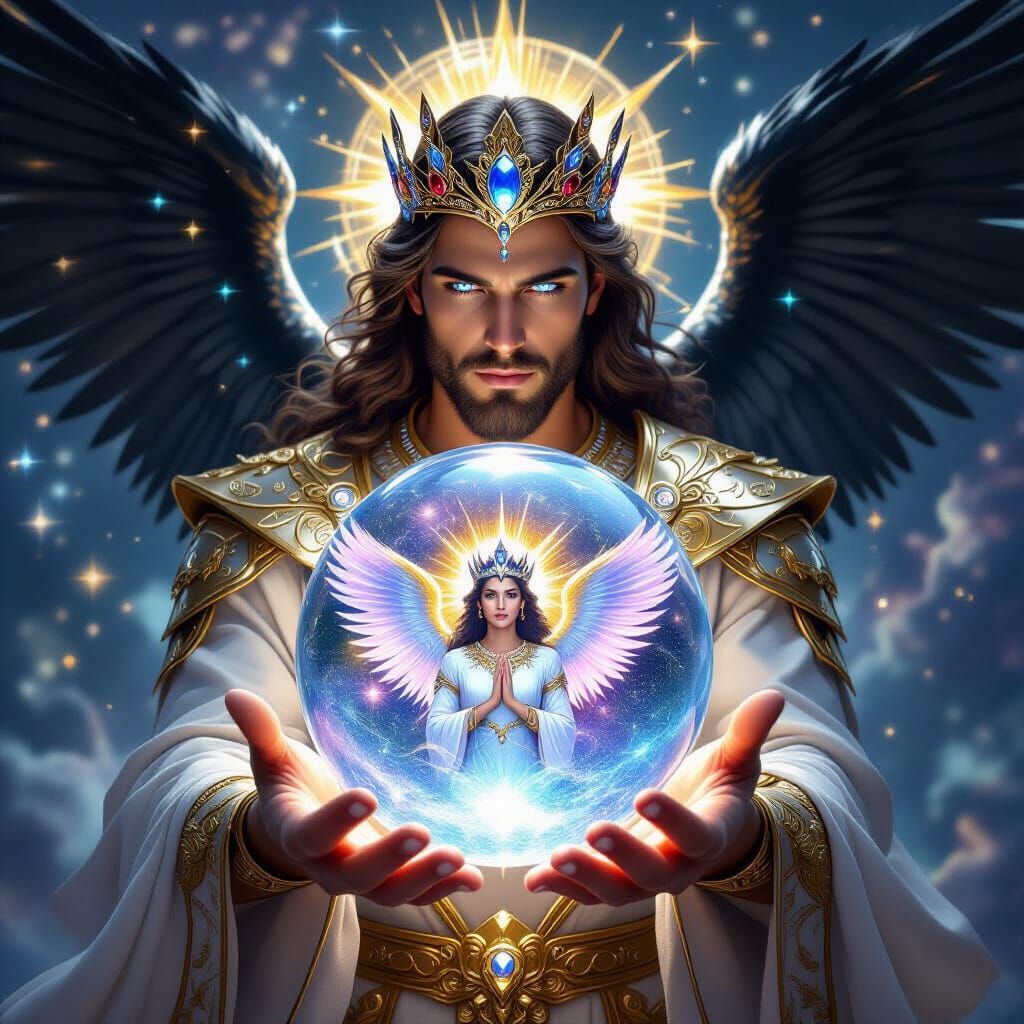 God's Hands Hold Crystal Sphere with Dark Angel Within