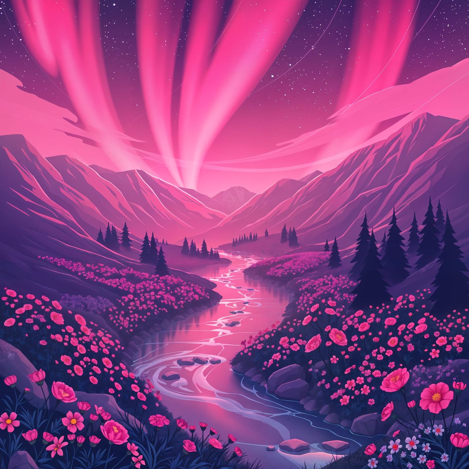 Merry Fantasy Valley Under Northern Lights in Synthwave Styl...