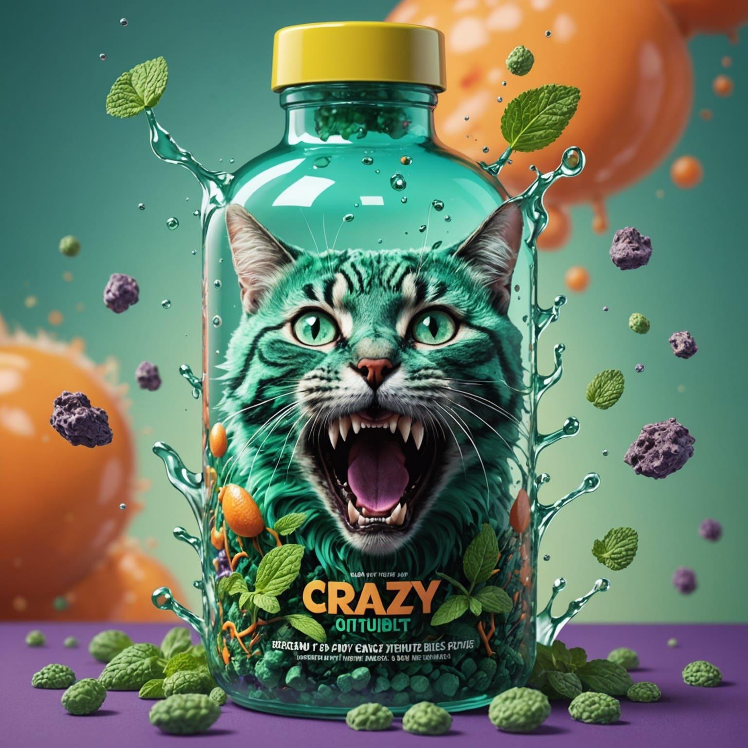 Crazy Cat-Mint Cataclysm Vitamin Bottle in Hyperrealistic St...