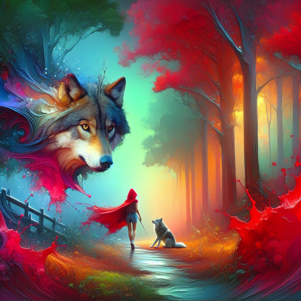 Red Riding Hood Meets Wolf in Hyperrealistic Style