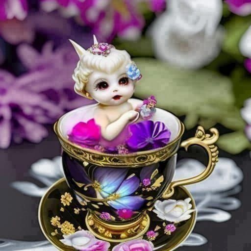 Chibified Baby Vampire in Teacup, Fantasy Art