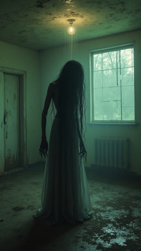 Ghostly Woman Amidst Abandoned Motel Ruins in a Dark, Surrea...