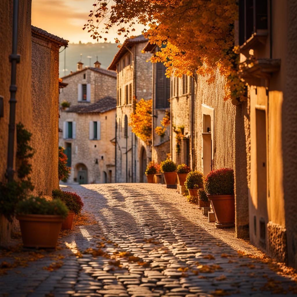 Cozy Italian Village Street in Autumn Light