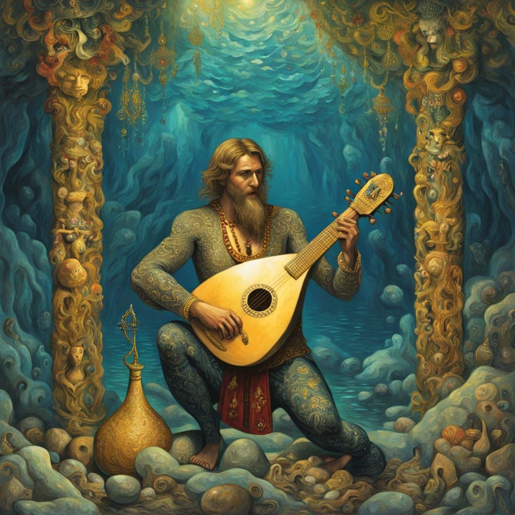 Sadko in Golden Underwater Grotto, Russian Folklore Style