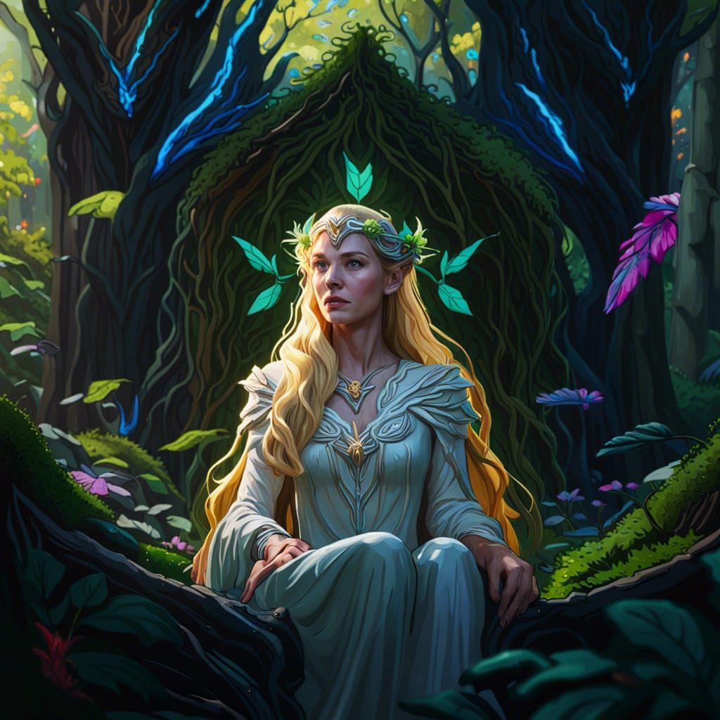 Galadriel in Forest Throne Room: Acrylic Painting