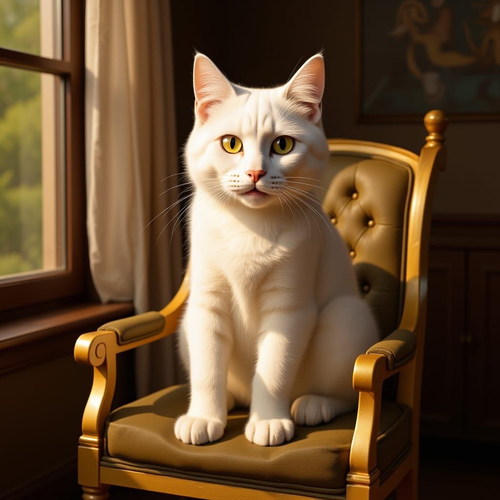 White Persian Cat on Golden Chair in Sunlit Room