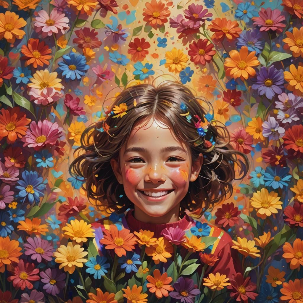 Child Among Floating Flowers in Hyperrealistic Style