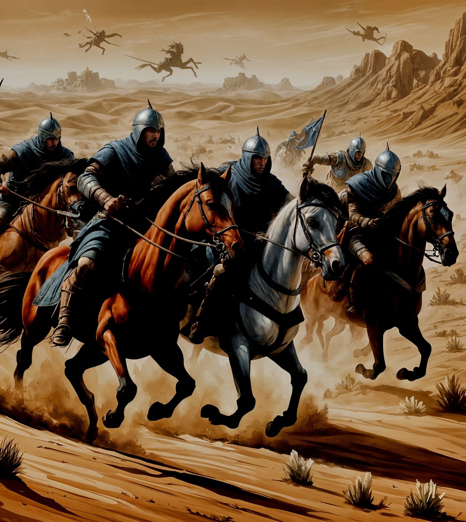 Medieval Horsemen Fleeing Winged Enemy on Desert Plain