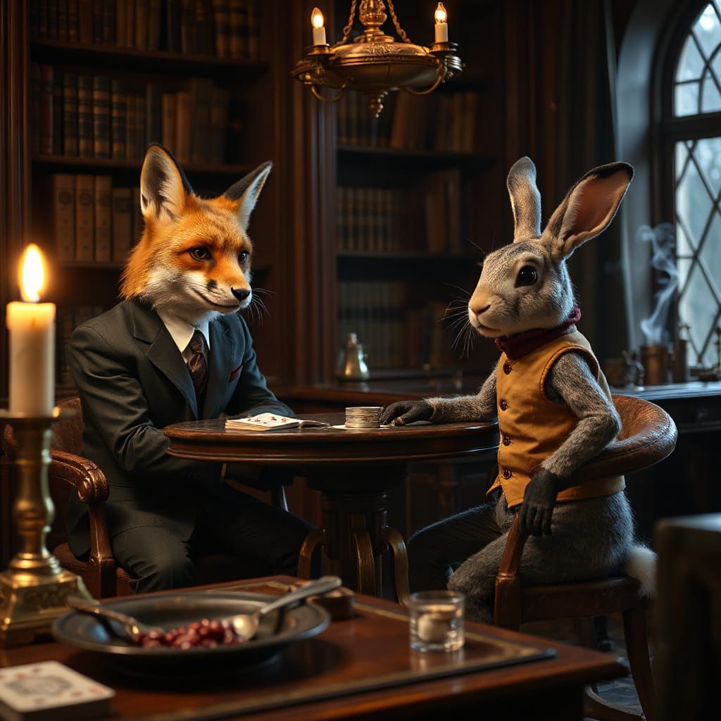 Fox and Rabbit Play Blackjack in Cozy Study