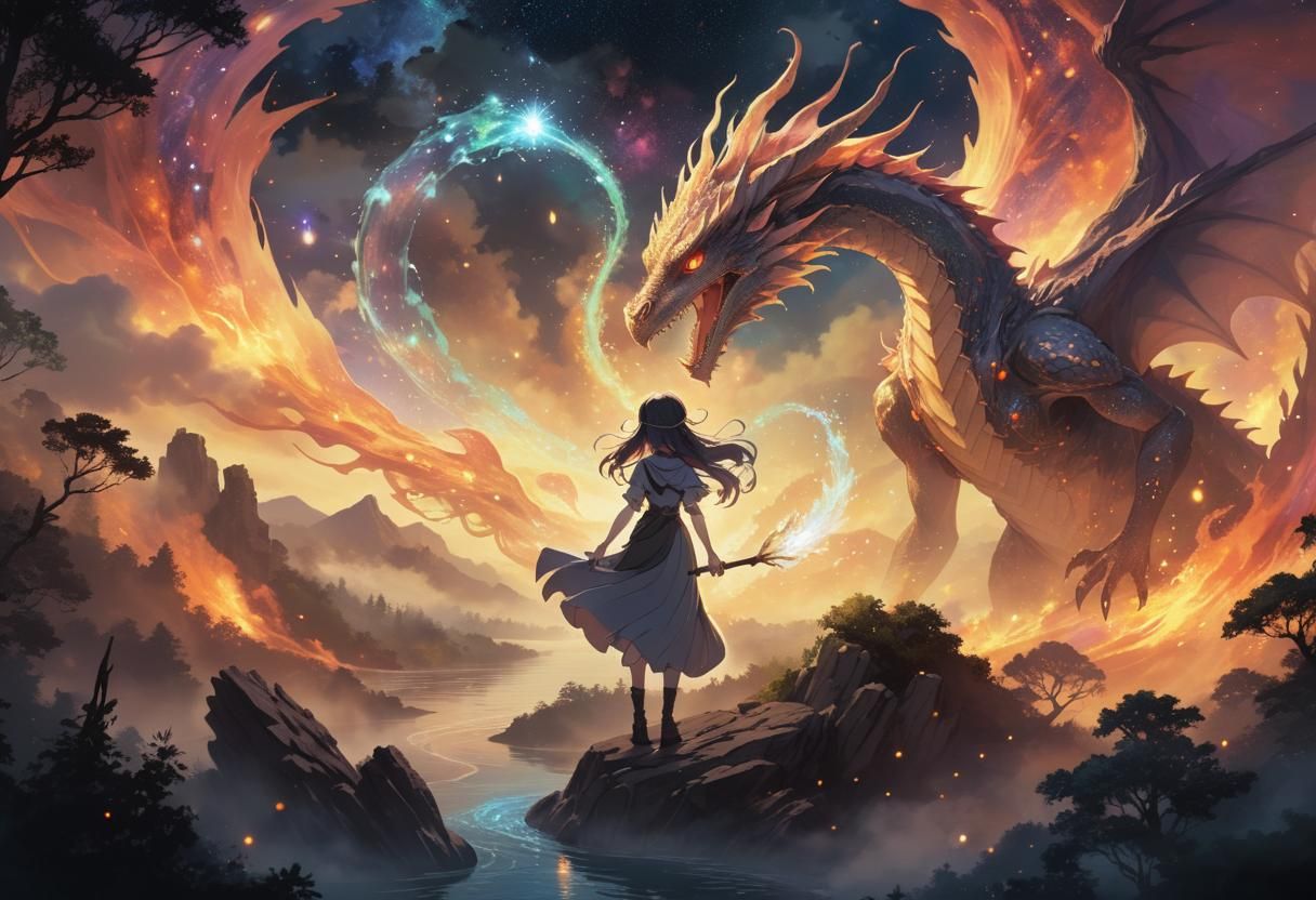 Anime Witch and Dragon in Moonlit Forest